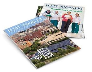 A stack of three different issues of the Delaware Tech magazine on a white background
